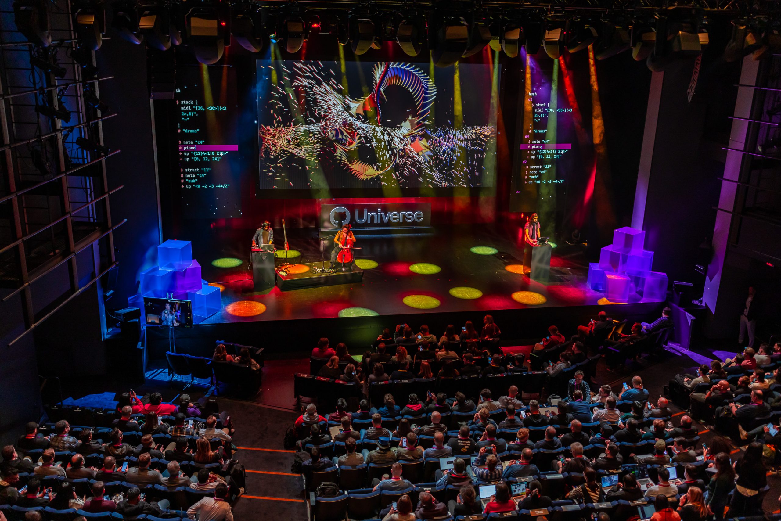 Corporate event banner background with audience and stage